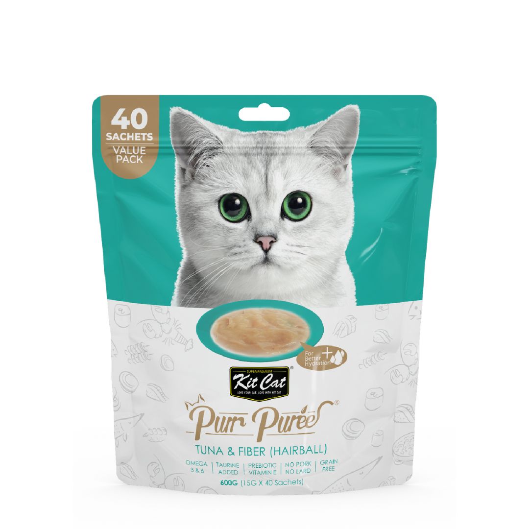 Kit Cat 15g X 40 Sachets Purr Puree Value Pack Tuna & Fiber (hairball) Cat Treat