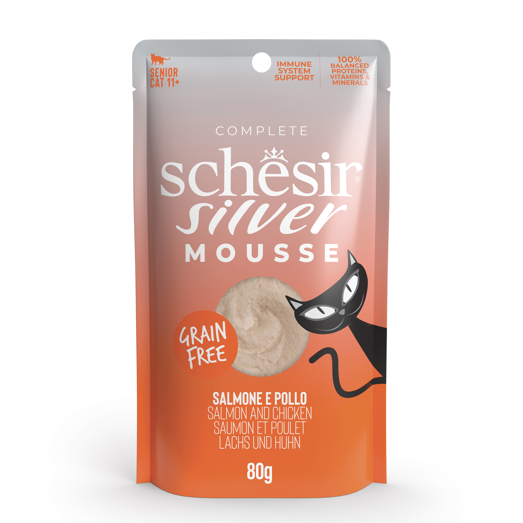 Schesir Cat 80g Silver Velvet Mousse Salmon And Chicken Pouch Wet Cat Food