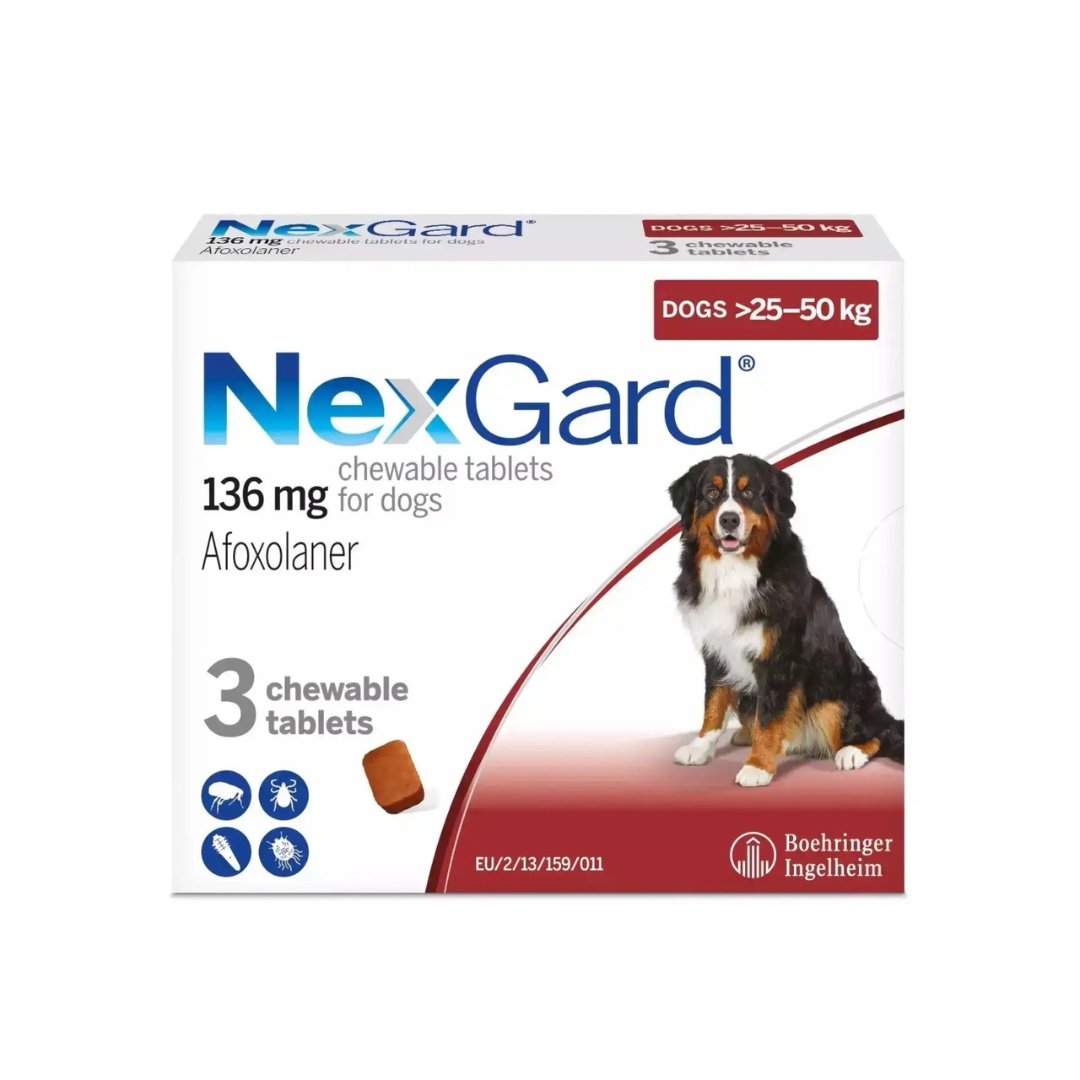 Nexgard Afoxolaner 136mg Chewable Tablets For Dogs 25-50kg 3 Tablets