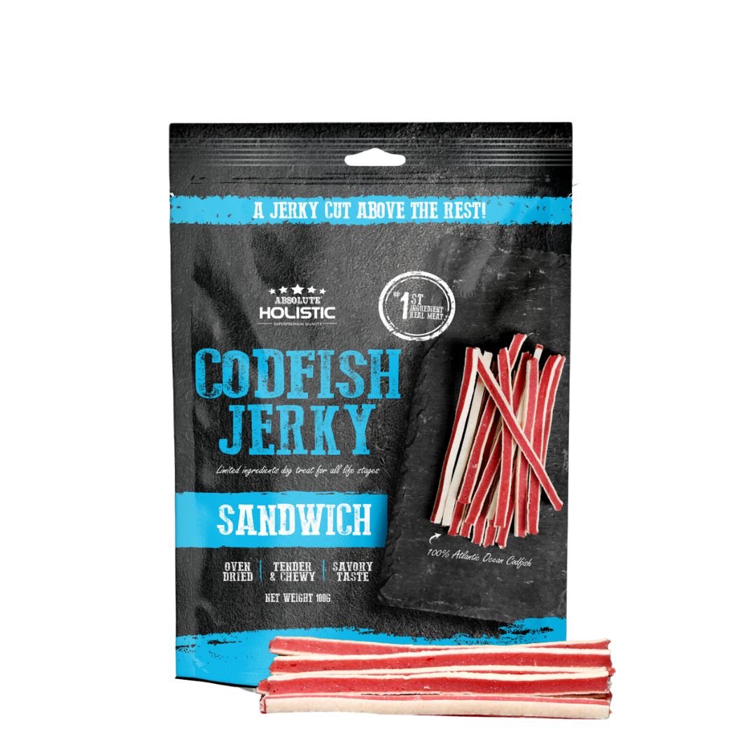 Absolute Holistic Dog 100g Jerky Cod Fish Sandwich Dog Treat
