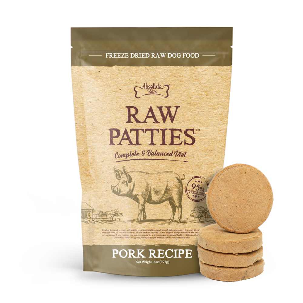 Absolute Bites Dog 14oz Freeze Dried Pork Recipe Raw Patties Dry Dog Food