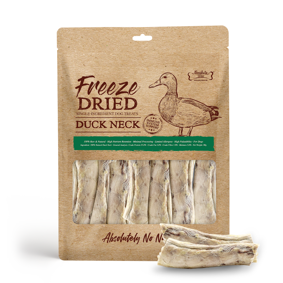(exp: 06 Feb 2027) Absolute Bites Dog Freeze Dried Raw 60g Duck Neck Dog Treat