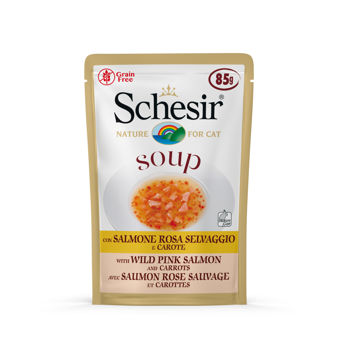 Schesir Cat 85g Wild Pink Salmon & Carrots Pouches In Soup Wet Cat Food