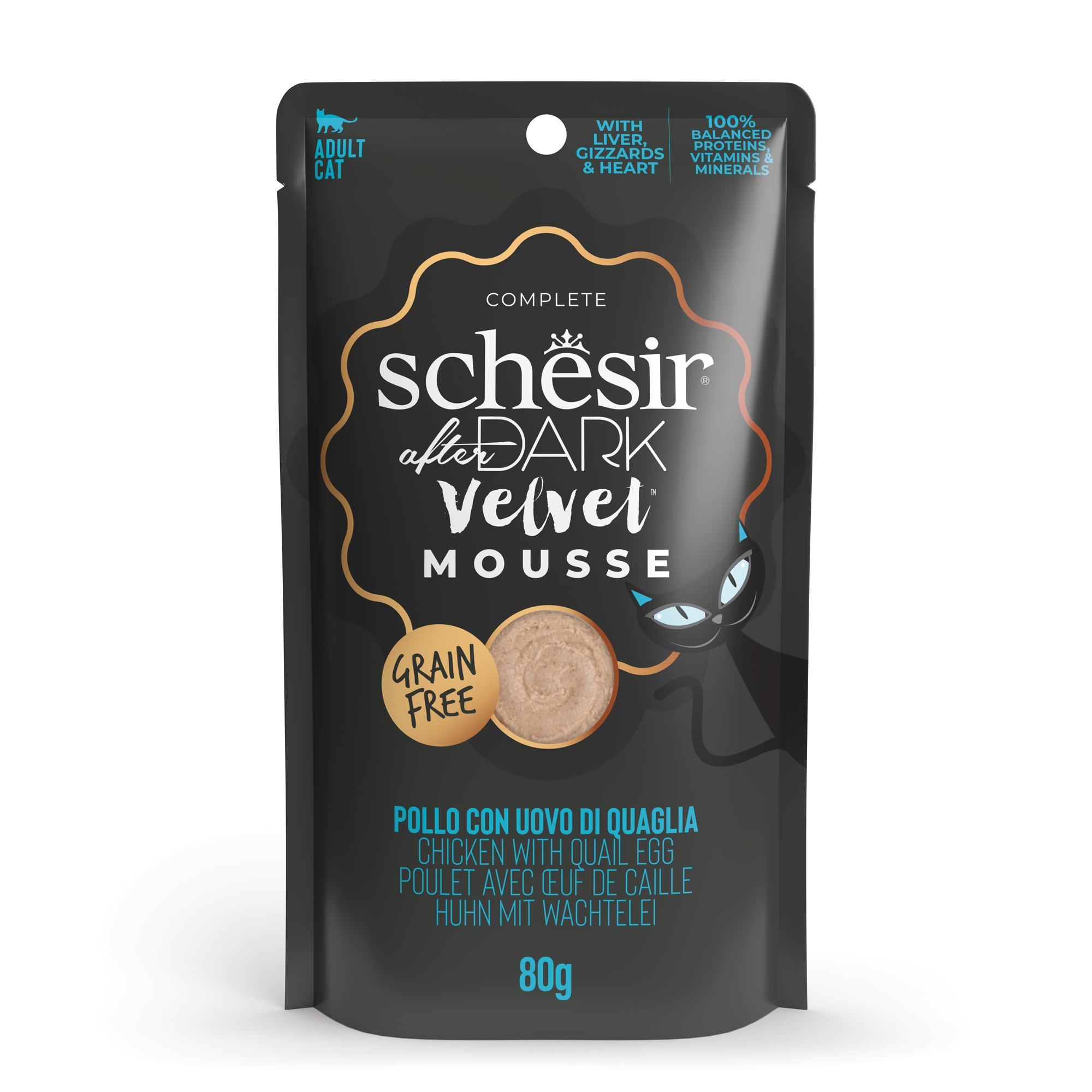 Schesir Cat 80g After Dark Velvet Mousse Chicken With Quail Egg Pouch Wet Cat Food