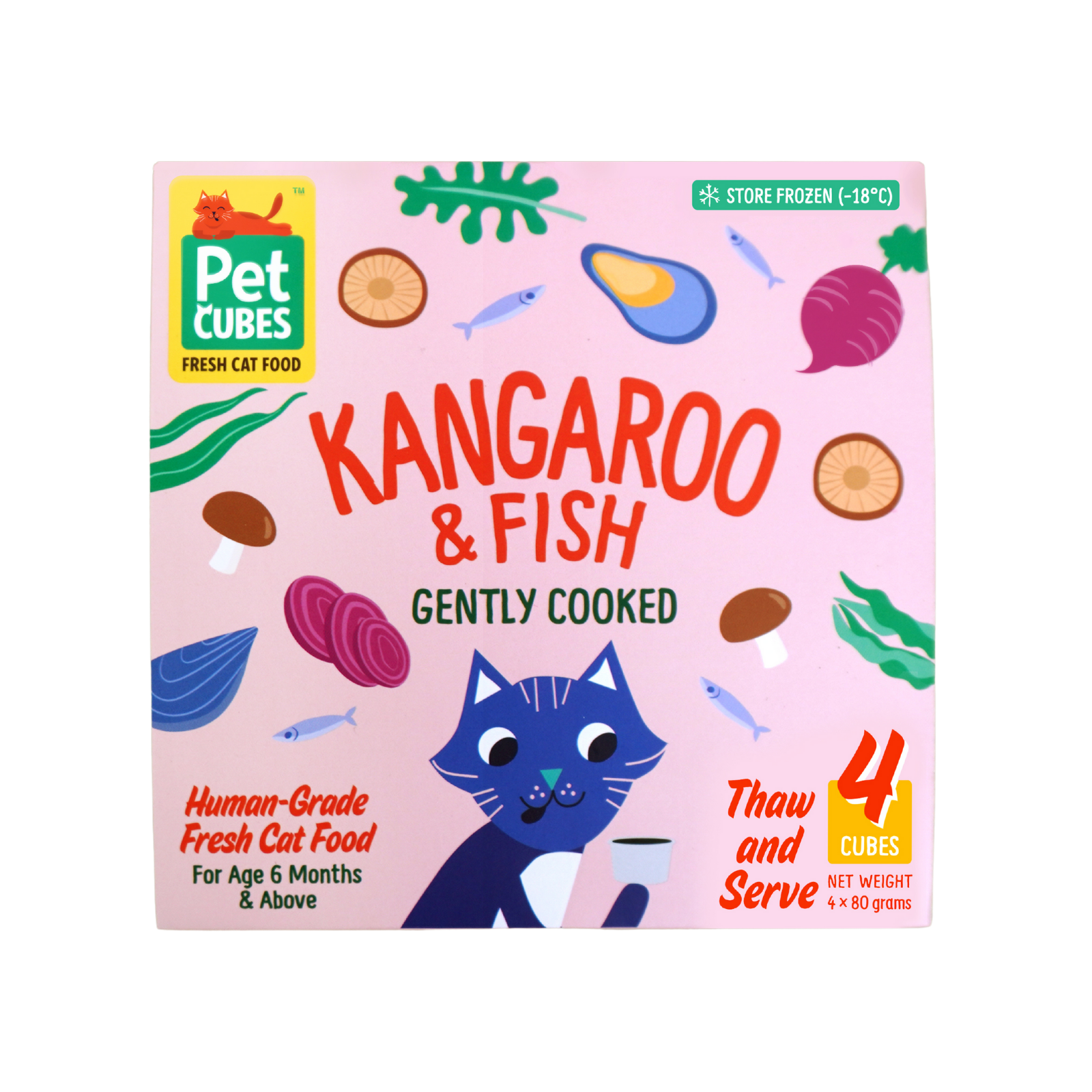 Pet Cubes Cat 4x80g Gently Cooked Kangaroo & Fish For Adult Fresh Cat Food