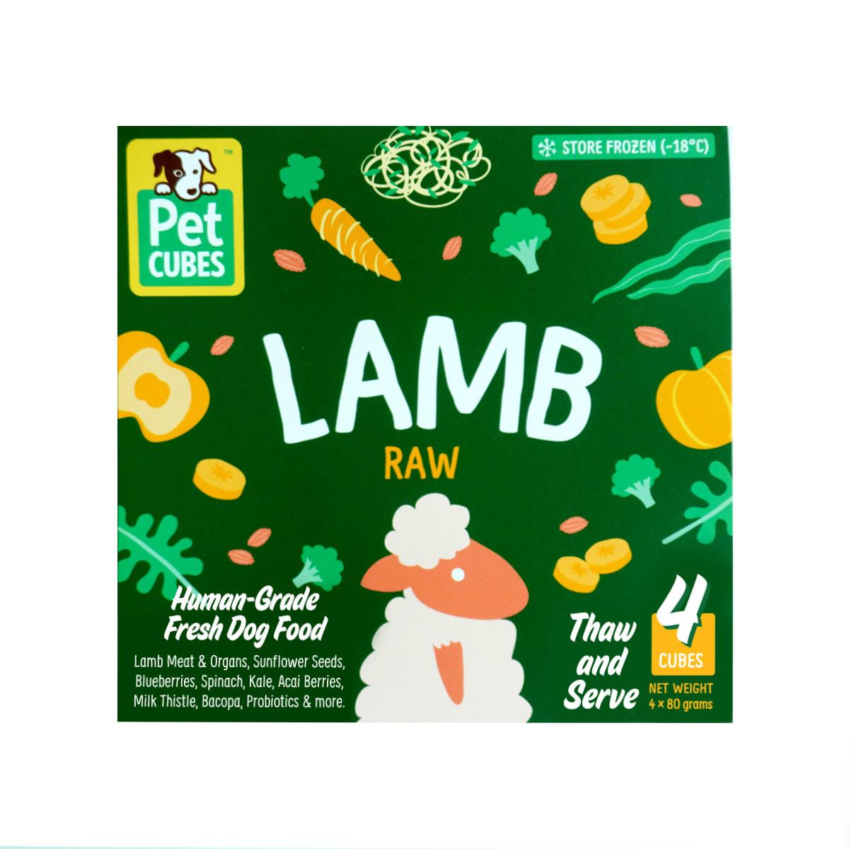 Pet Cubes Dog 4x80g Raw Lamb For Adult Fresh Dog Food