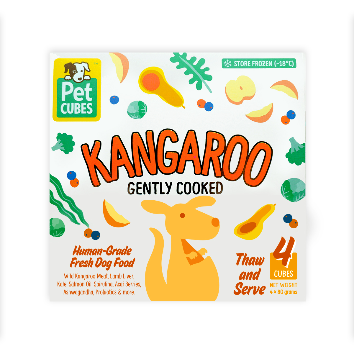 Pet Cubes Dog 4x80g Gently Cooked Kangaroo For Adult Fresh Dog Food