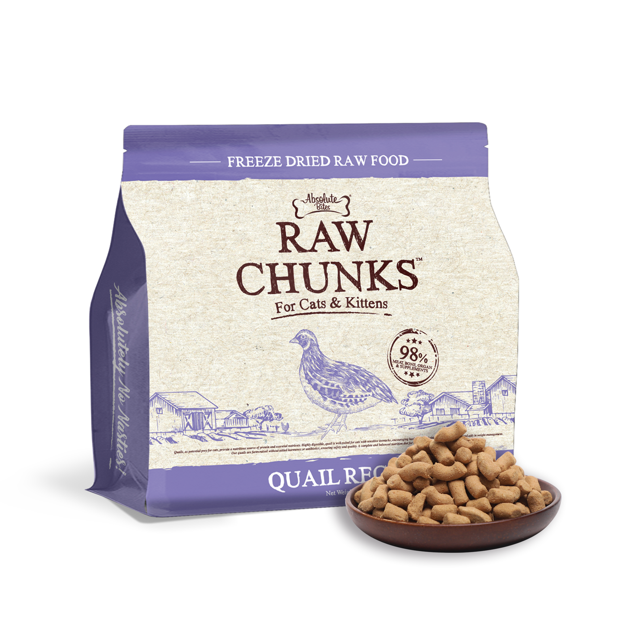 Absolute Bites Cat 280g Raw Chunks Freeze Dried Raw Food Quail Recipes Dry Cat Food
