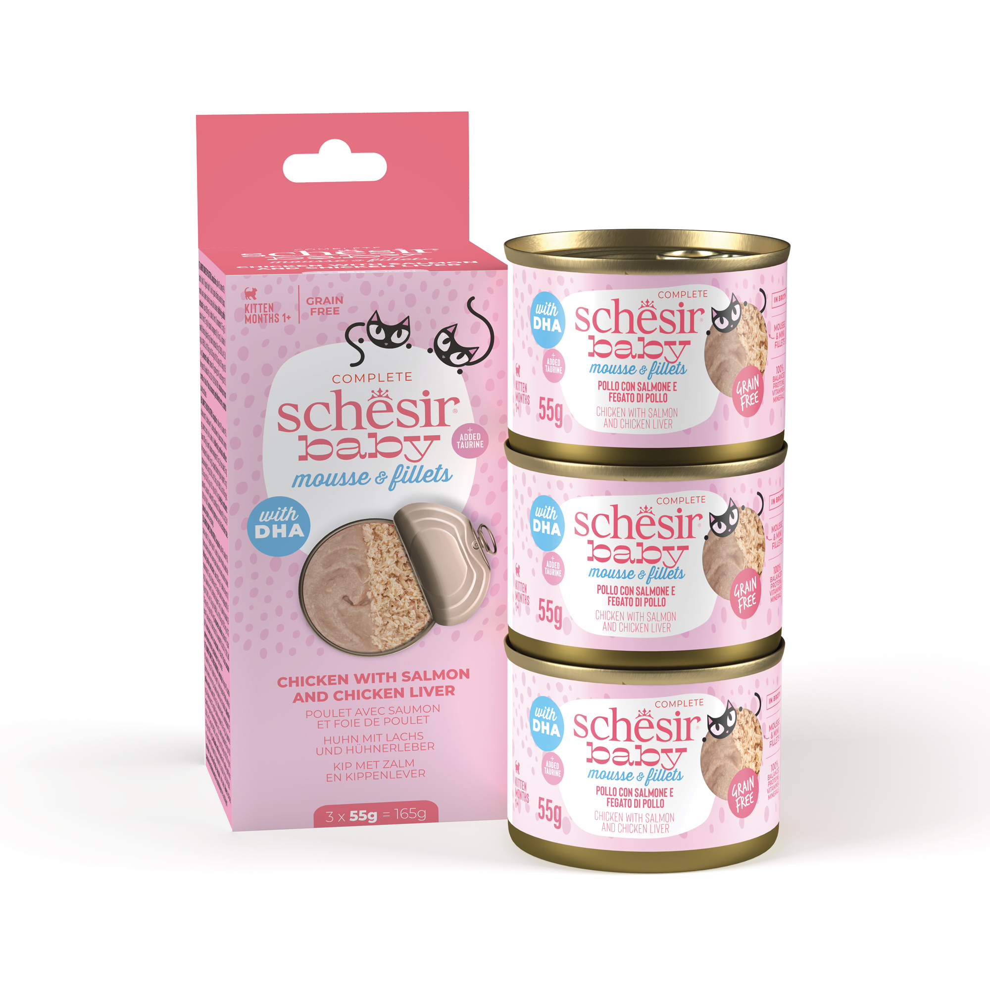 Schesir Cat (3 X 55g) Baby Mousse & Fillets - Chicken With Salmon & Chicken Liver Wet Cat Food
