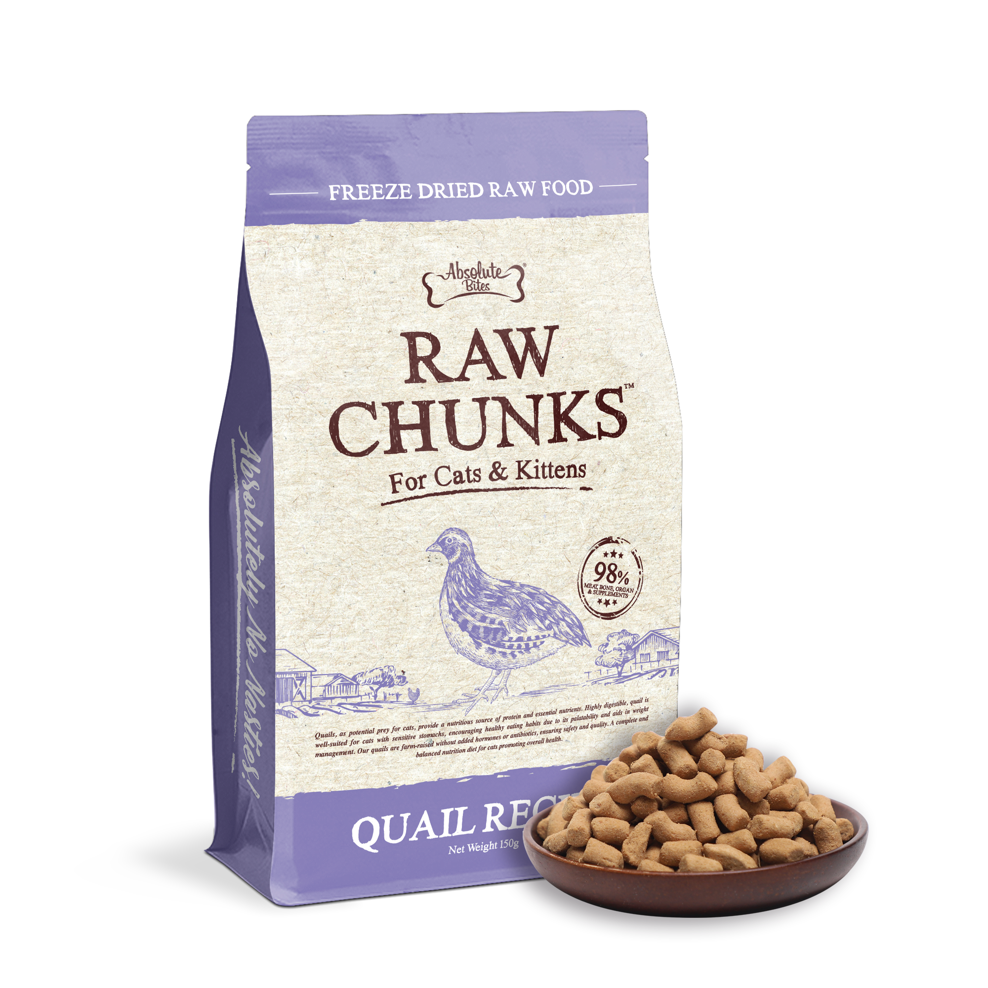 Absolute Bites Cat 150g Raw Chunks Freeze Dried Raw Food Quail Recipes Dry Cat Food