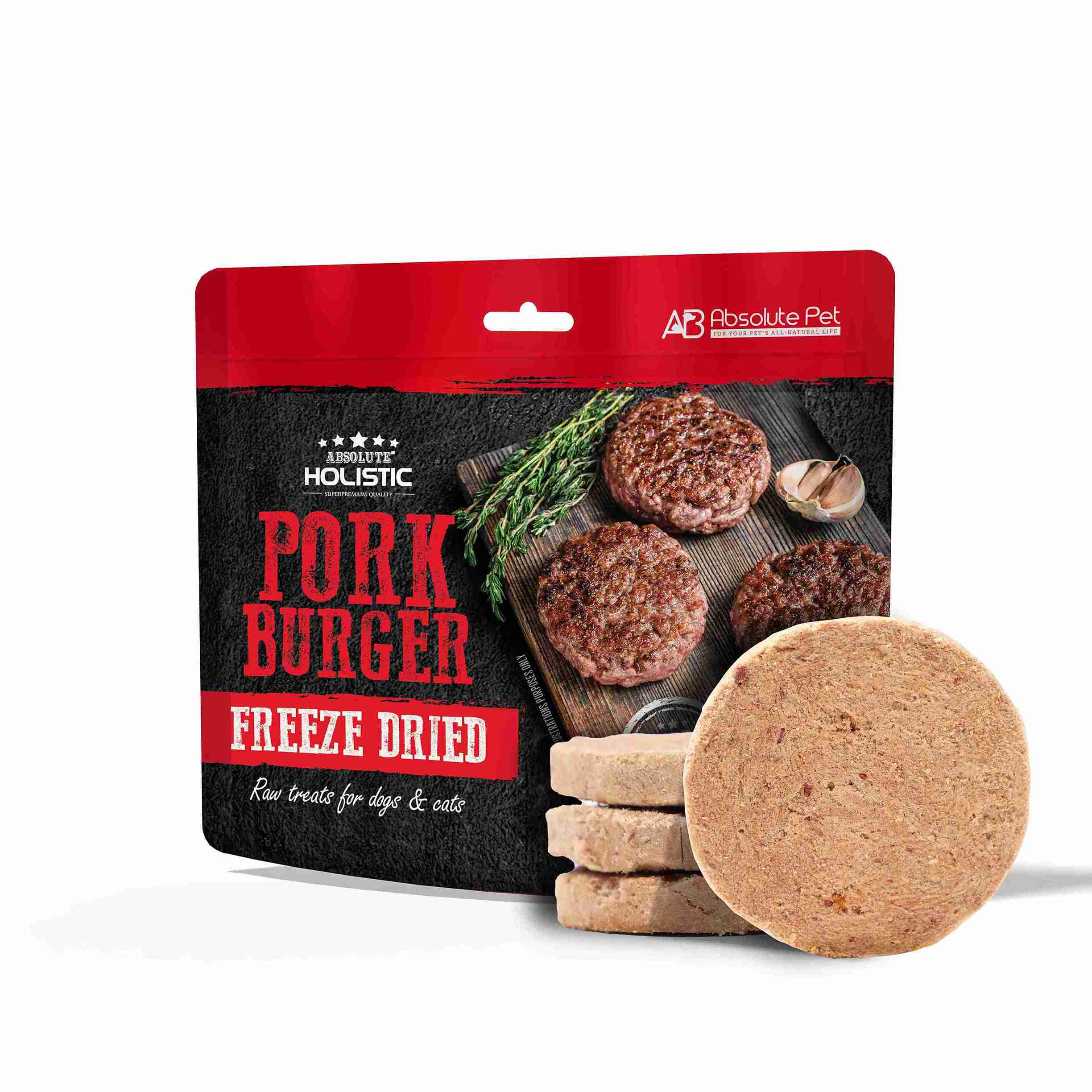 Absolute Holistic 80g Freeze Dried Raw Treats Pork Burger For Cats & Dogs