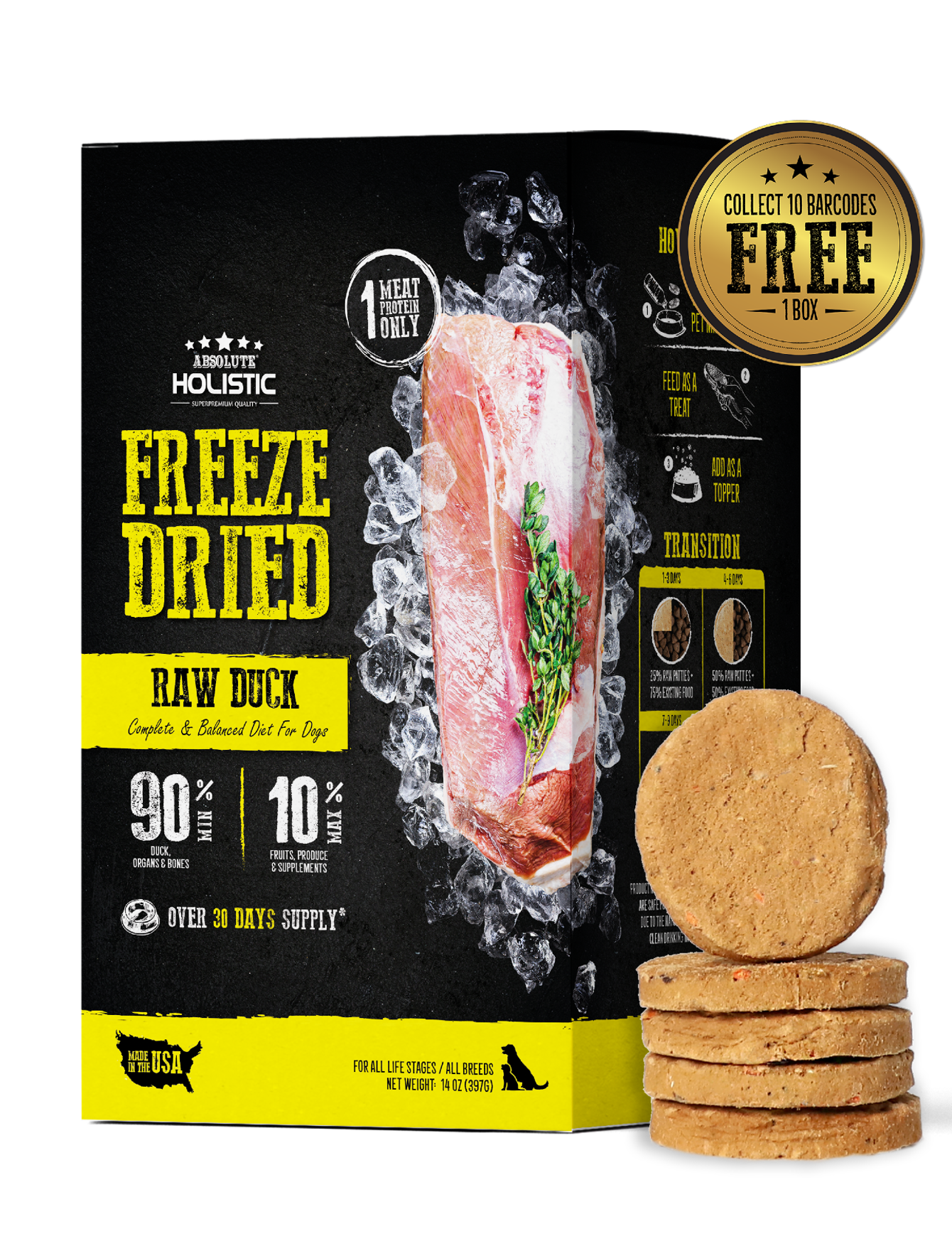 Absolute Holistic Freeze Dried Raw Duck Patties For Dogs 14oz