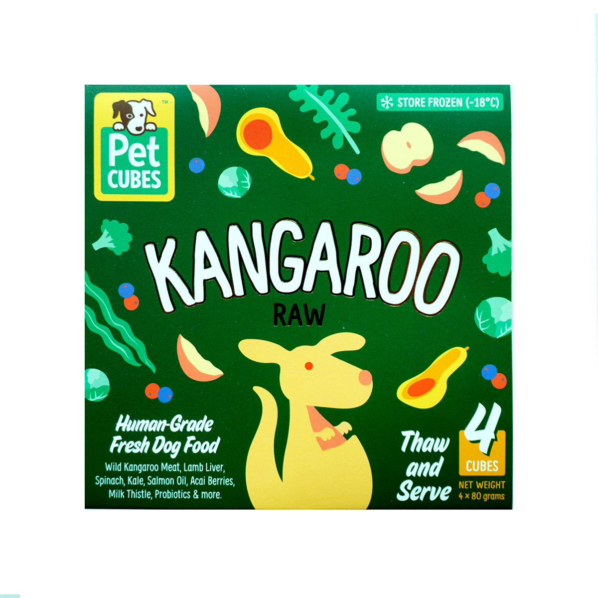 Pet Cubes Dog 4x80g Raw Kangaroo For Adult Fresh Dog Food