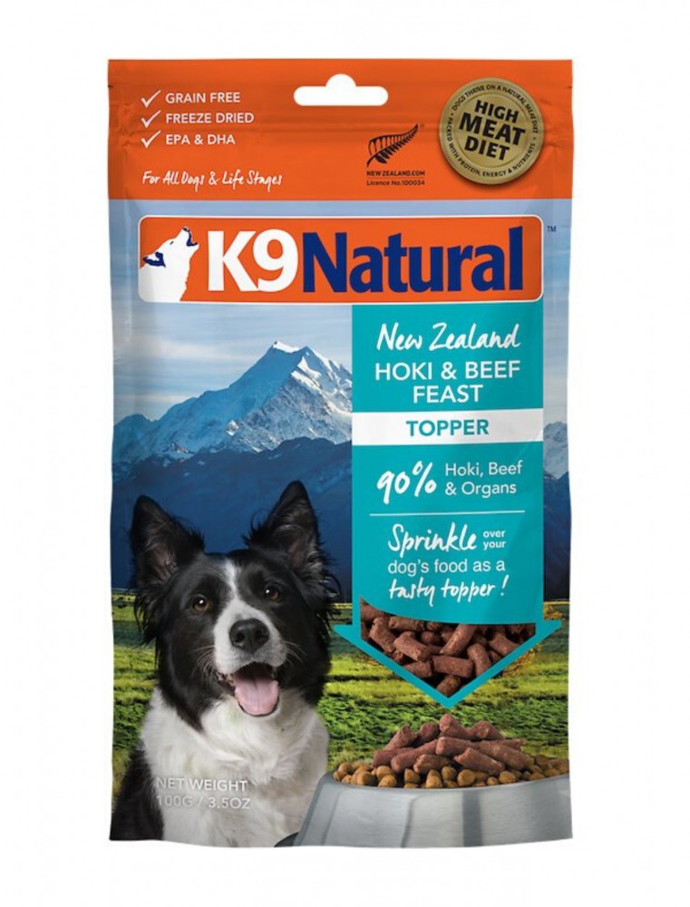 (exp: 08 Jun 2025) K9 Natural Dog Freeze Dried 100g Hoki & Beef Toppers Dry Dog Food