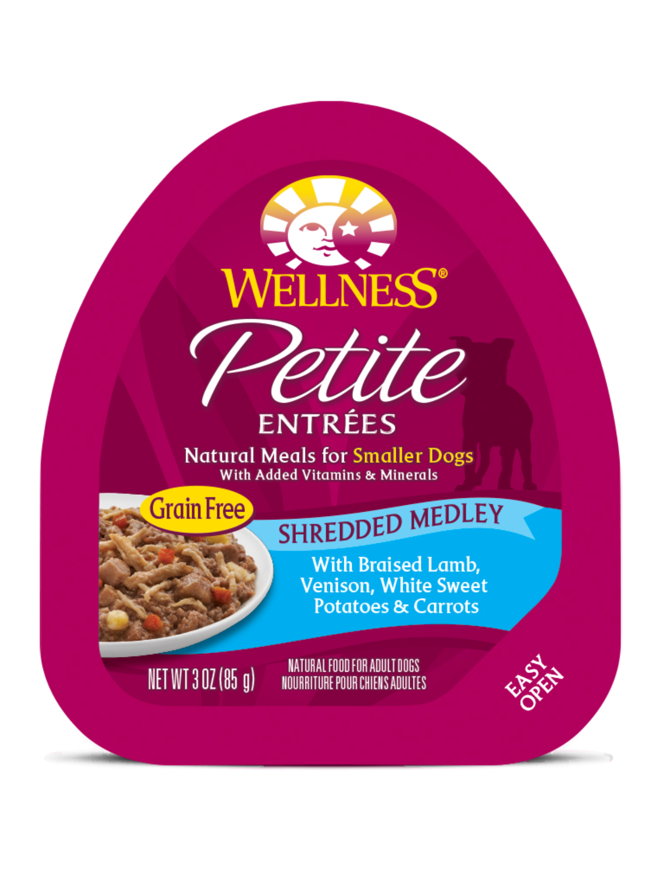 Wellness Petite Entrées Shredded Medley With Braised Lamb Venison White Sweet Potatoes & Carrots Wet Dog Food 85g