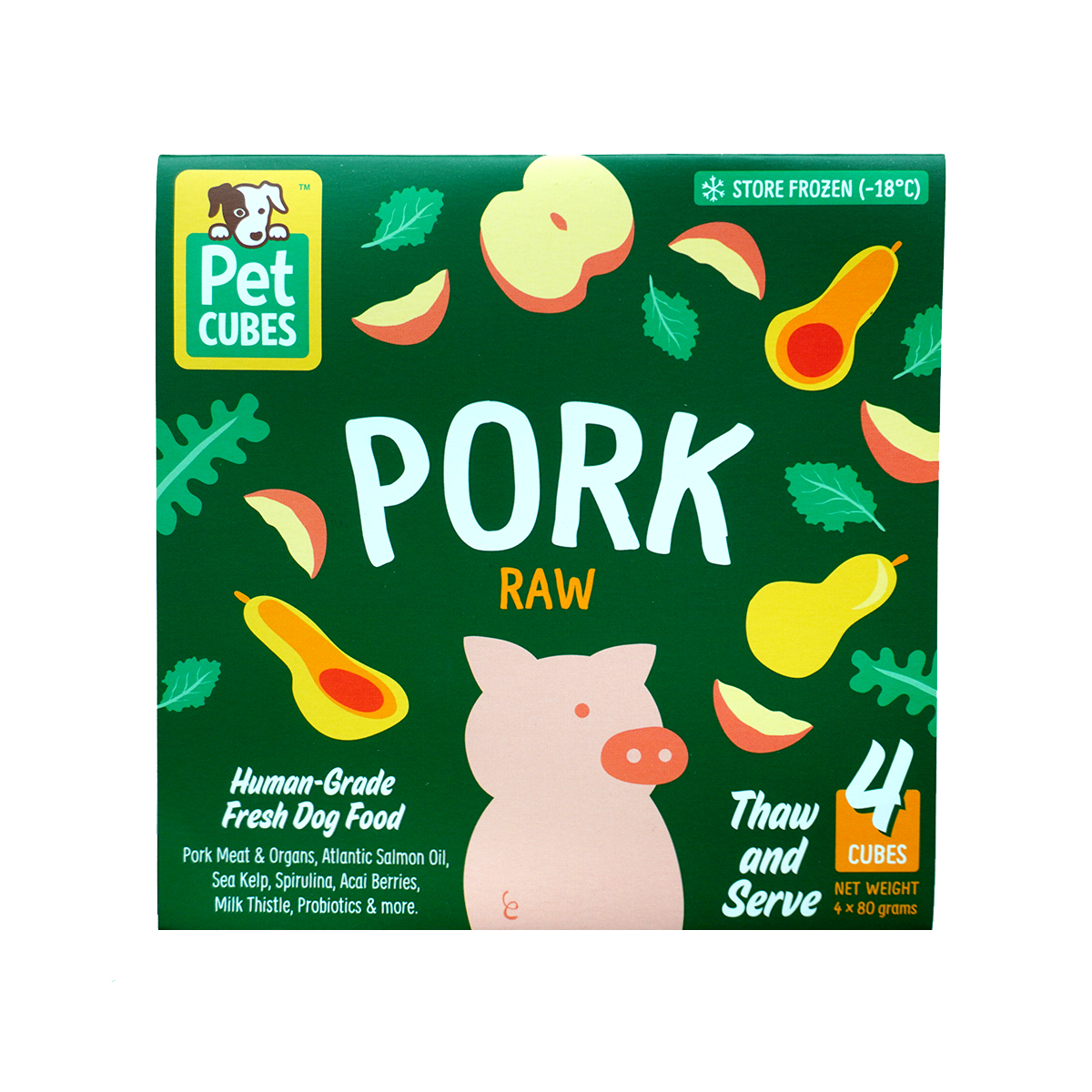 Pet Cubes Dog 4x80g Raw Pork For Adult Fresh Dog Food