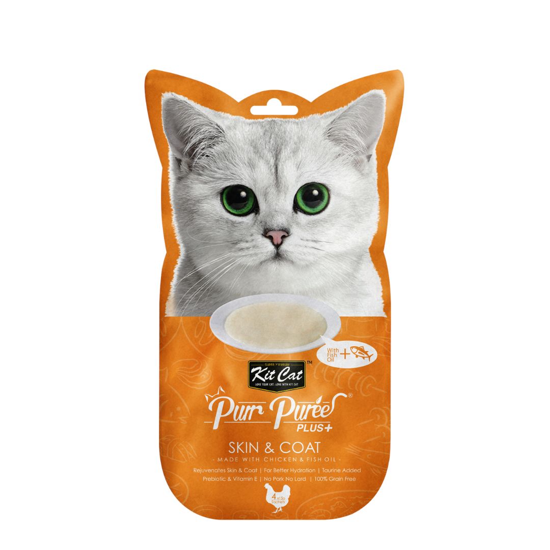 Kit Cat 4x15g Purr Puree Plus+ Chicken & Fish Oil (skin & Coat) Cat Treat