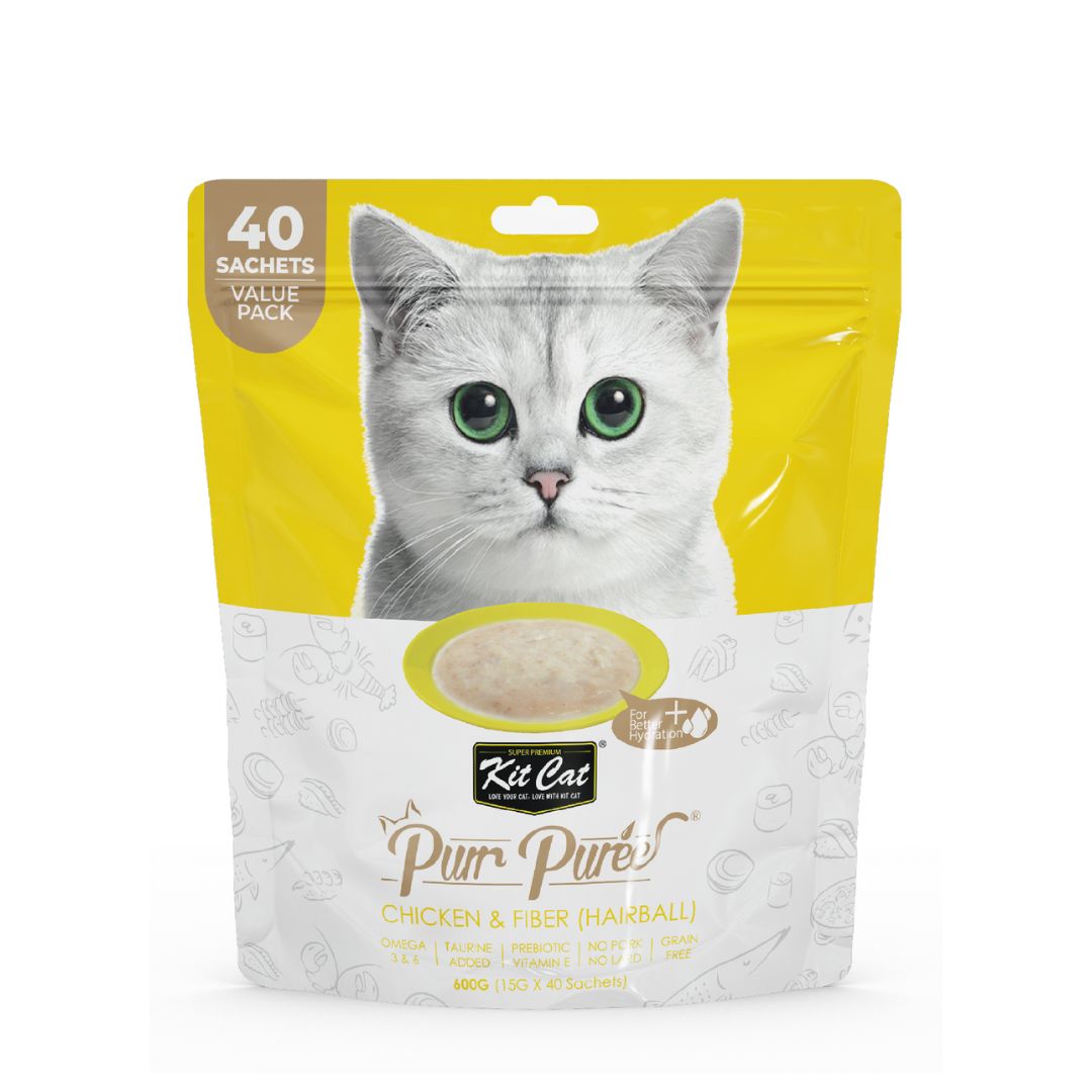 Kit Cat 15g X 40 Sachets Purr Puree Value Pack Chicken & Fiber (hairball) Cat Treat