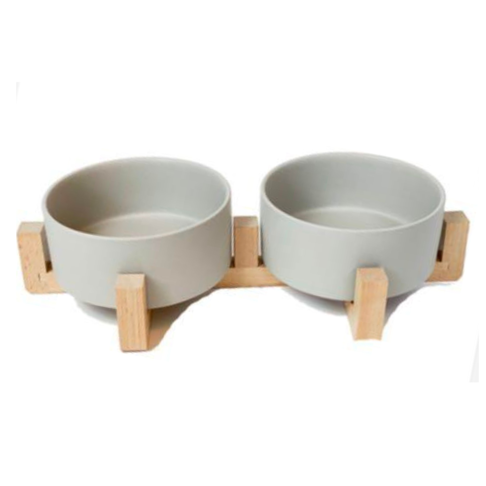 Paw Made Essentials Wood Base Double Ceramic Bowl In Pewter L