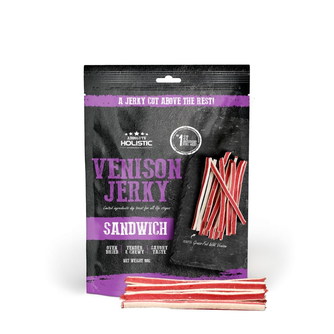 Absolute Holistic Dog 100g Jerky Venison Sandwich Dog Treat