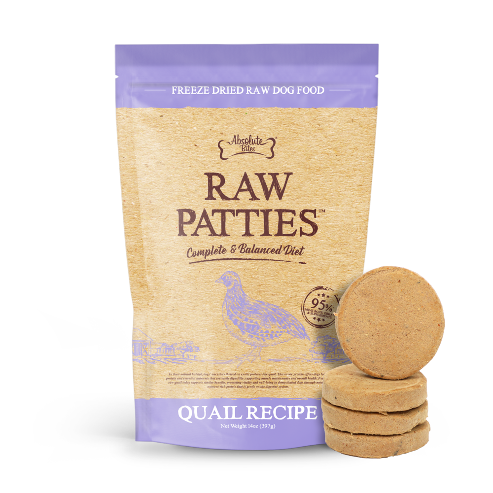 Absolute Bites Dog 14oz Freeze Dried Quail Recipe Raw Patties Dry Dog Food