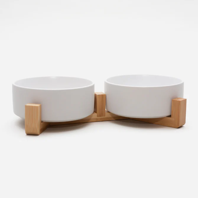 Paw Made Essentials Wood Base Double Ceramic Bowl In Powder L