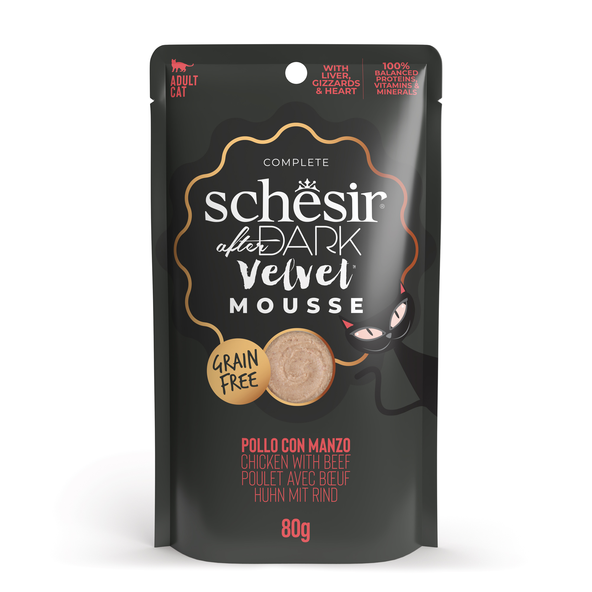 Schesir Cat 80g After Dark Velvet Mousse Chicken With Beef Pouch Wet Cat Food